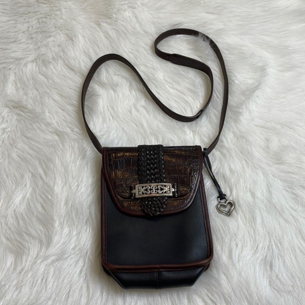 BRIGHTON Black/Brown Leather Vintage Flap Crossbody w/Braided Strap